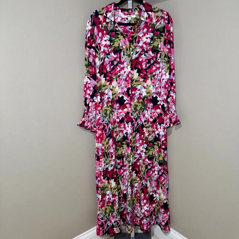 Chicos Floral Button Down Maxi Shirt Dress Pink Purple Olive Size 1 - Picture 2 of 8